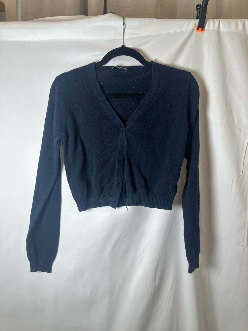 Brandy Melville Navy Blue Shannon Diamond Pointelle Cropped Cardigan, One Size